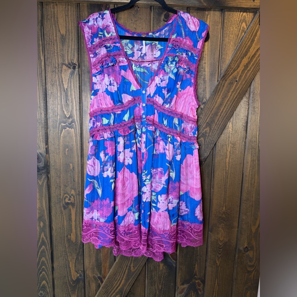Free People Floral Sleeveless Lace Spring Fling Mini Dress Ultra Violet Combo